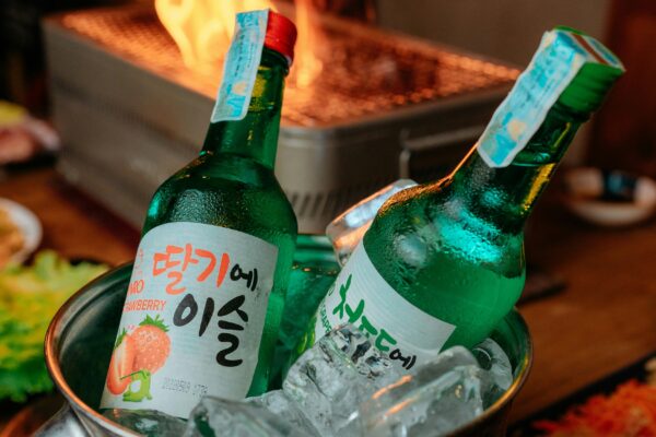 Korean distilled soju bottle and glass